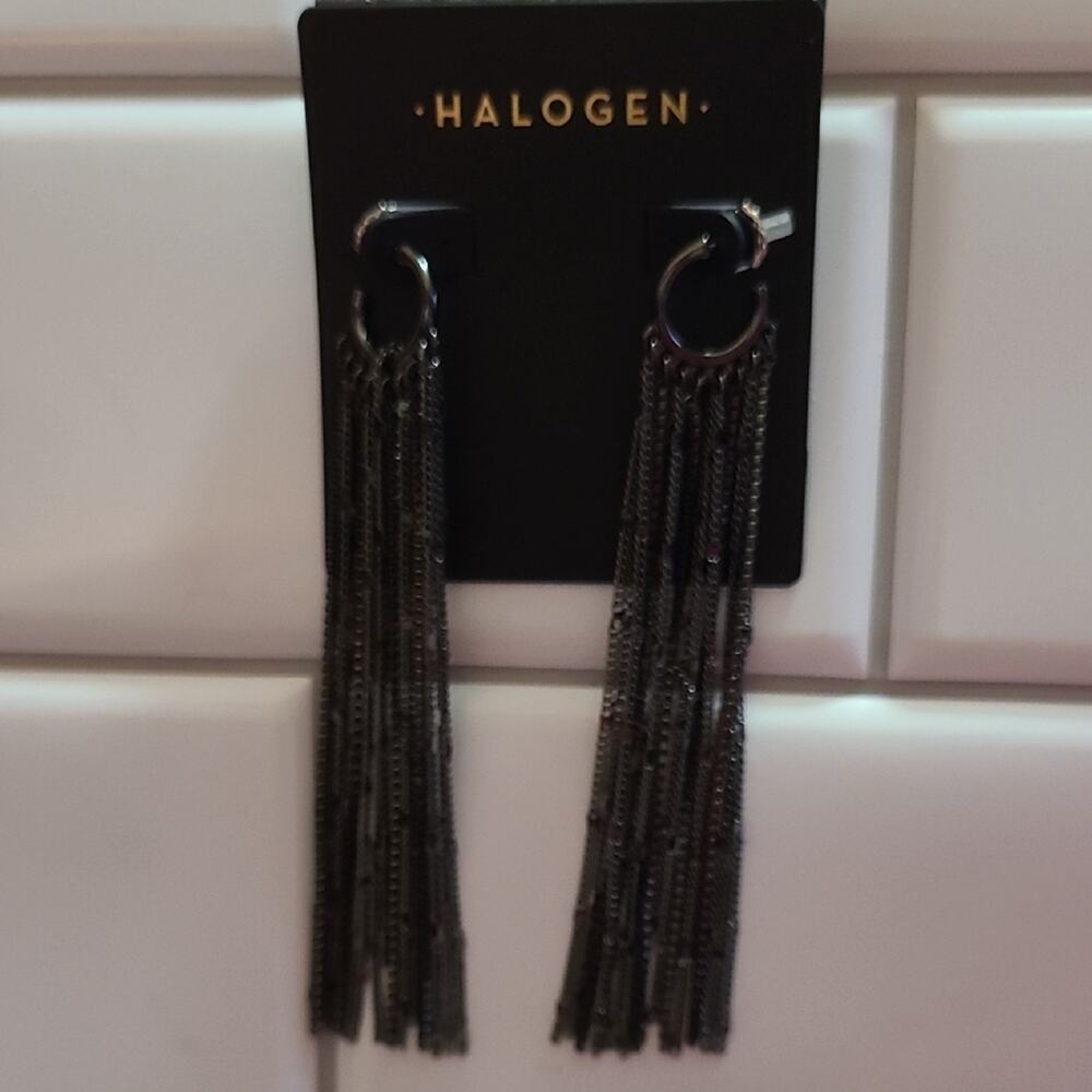 Halogen Black Tassel Small Crystals Earrings with Dramatic Length ~ Brand New